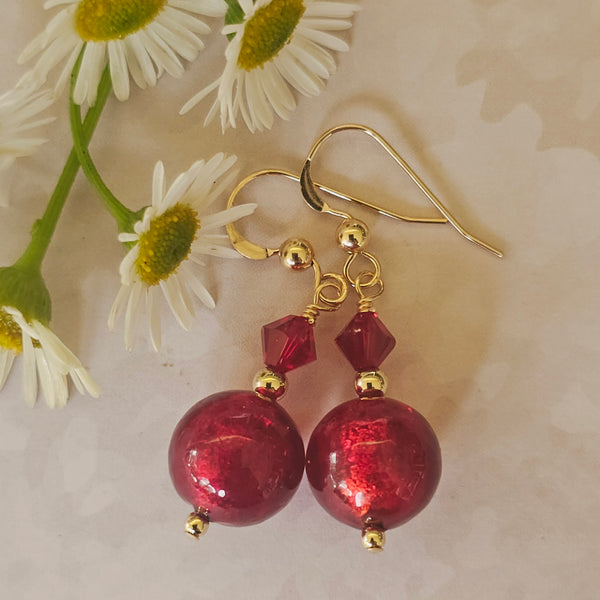 Dainty Red Gold Foil Murano Glass  Earrings
