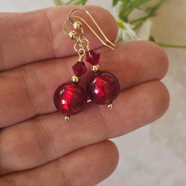 Dainty Red Gold Foil Murano Glass  Earrings