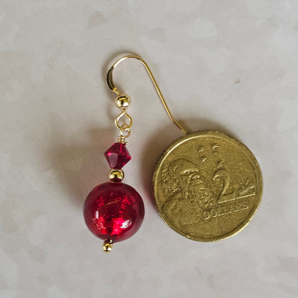 Dainty Red Gold Foil Murano Glass  Earrings