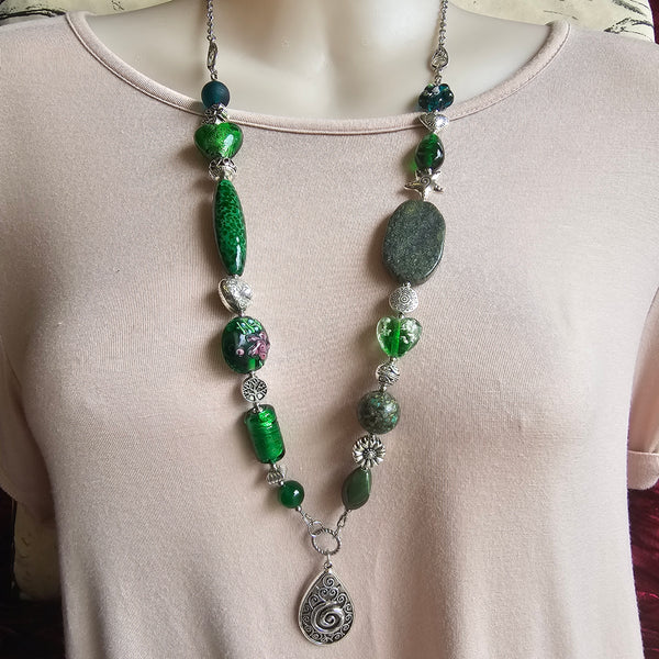 Long Vivid Green Beaded Necklace
