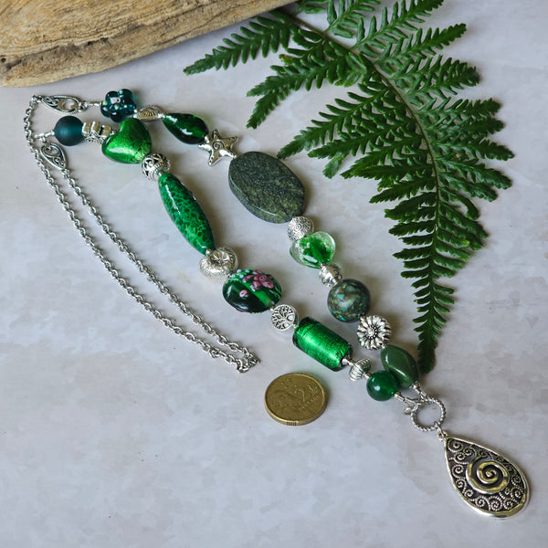 Long Vivid Green Beaded Necklace