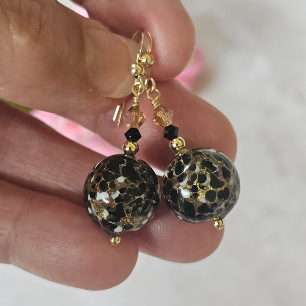 Black, White, Gold Cluseau Murano Glass Earrings