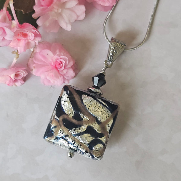Sospire Black Silver Bronze Square Murano Glass Pendant