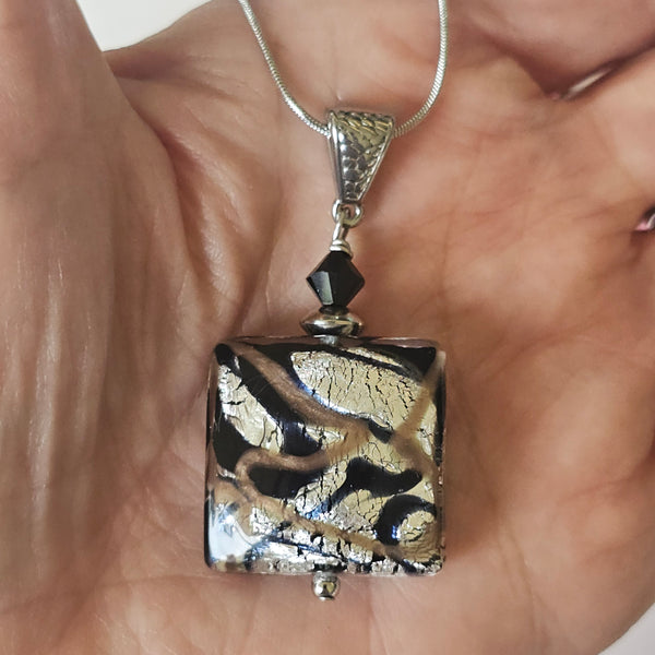 Sospire Black Silver Bronze Square Murano Glass Pendant