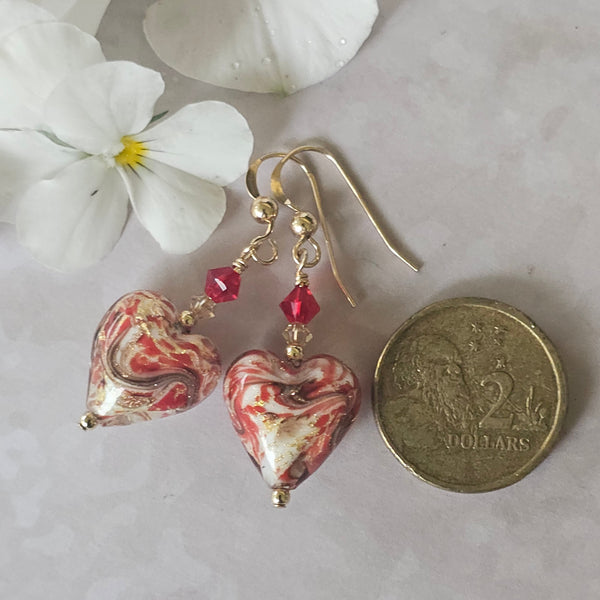 Red Marbled Murano Glass Heart Earrings
