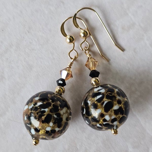 Black, White, Gold Cluseau Murano Glass Earrings
