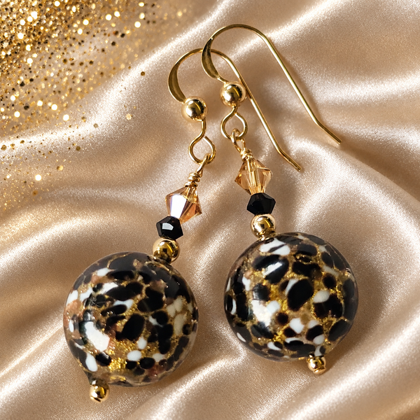 Black, White, Gold Cluseau Murano Glass Earrings