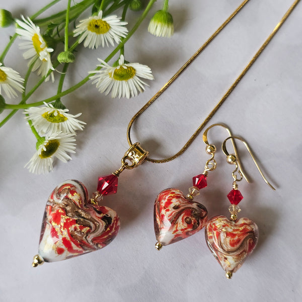 Red Marbled Murano Glass Heart Earrings