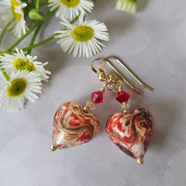 Red Marbled Murano Glass Heart Earrings