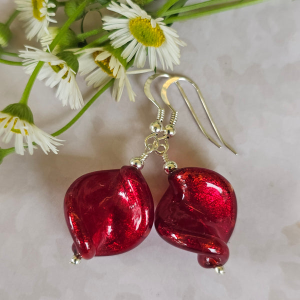 Red Murano Glass Twist Earrings