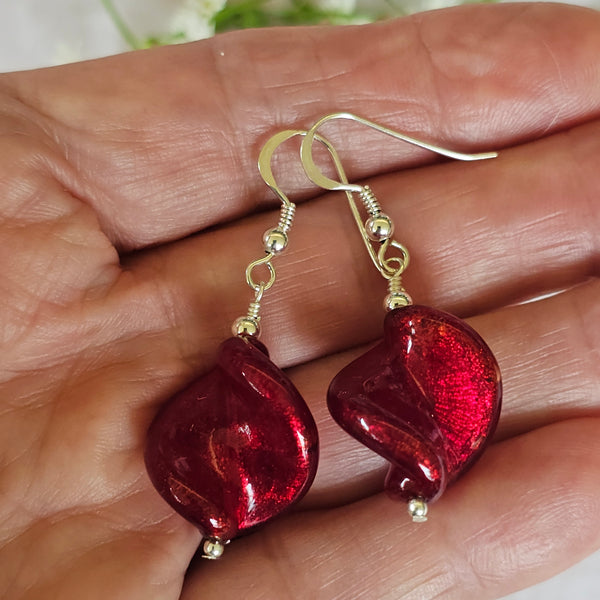 Red Murano Glass Twist Earrings