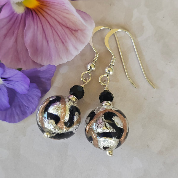 Silver, Black and Bronze Murano Glass Earrings