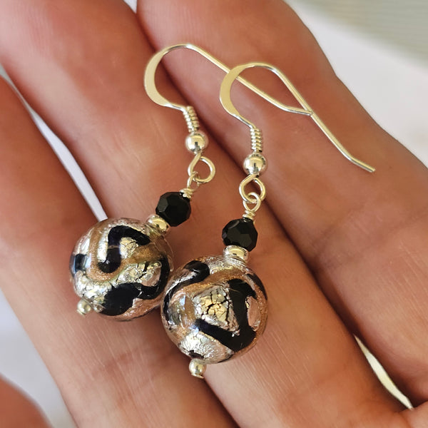 Silver, Black and Bronze Murano Glass Earrings