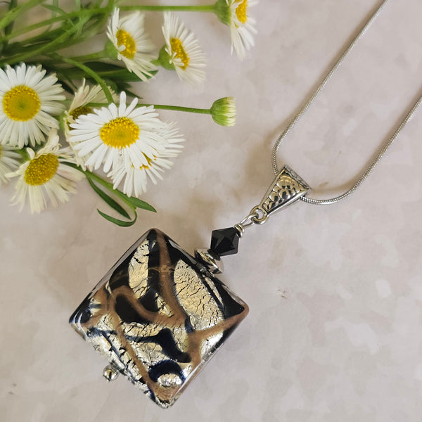 Sospire Black Silver Bronze Square Murano Glass Pendant