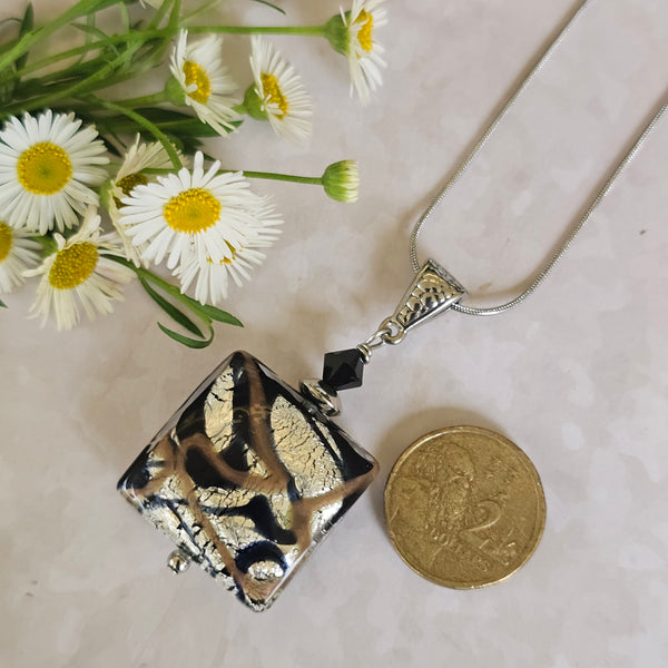 Sospire Black Silver Bronze Square Murano Glass Pendant