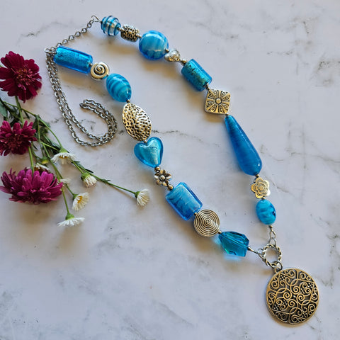 Long Aqua Blue beaded necklace