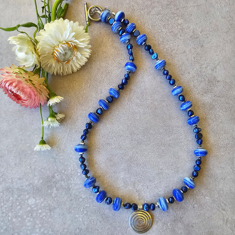 Cobalt Blue Pearl and Porcelain Necklace