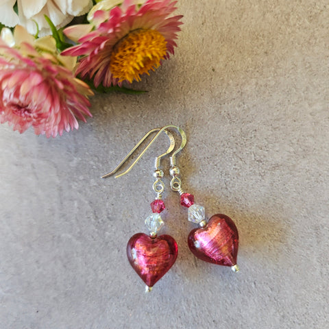 Bright Pink Silver Foil Heart Earrings