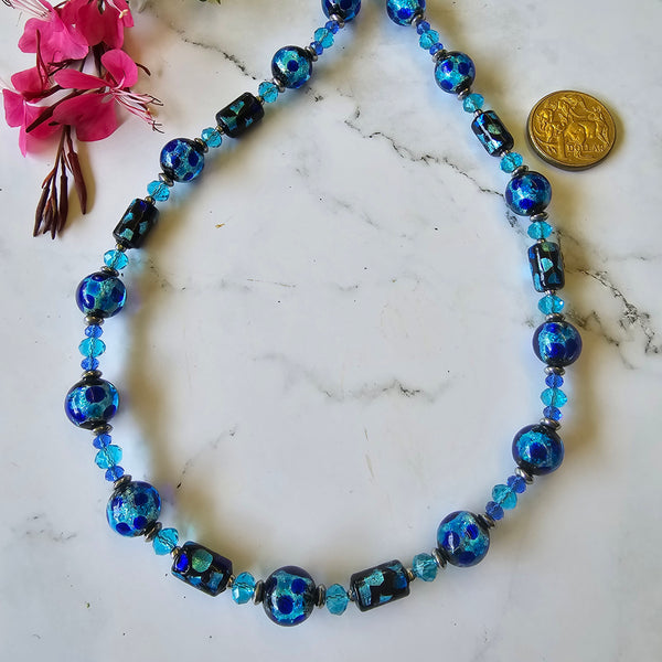 Aqua and Cobalt Blue Glass Necklace