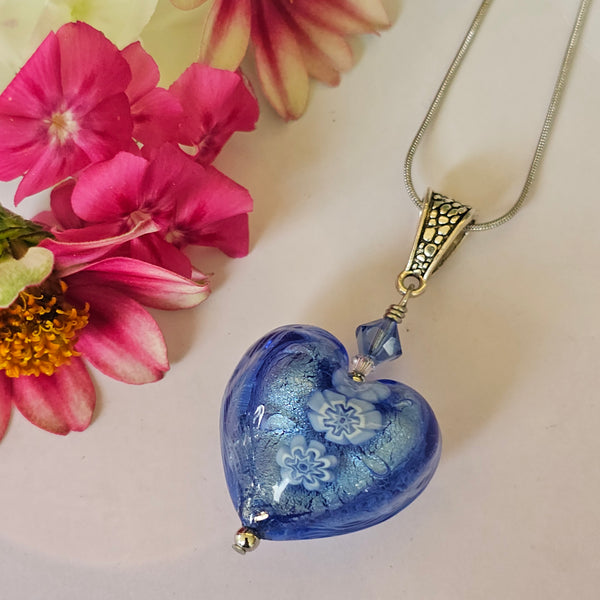 Blue Millefiori and White Gold Foil Heart Pendant