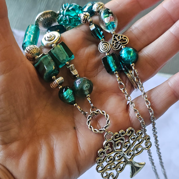 Long Teal Green Beaded Necklace