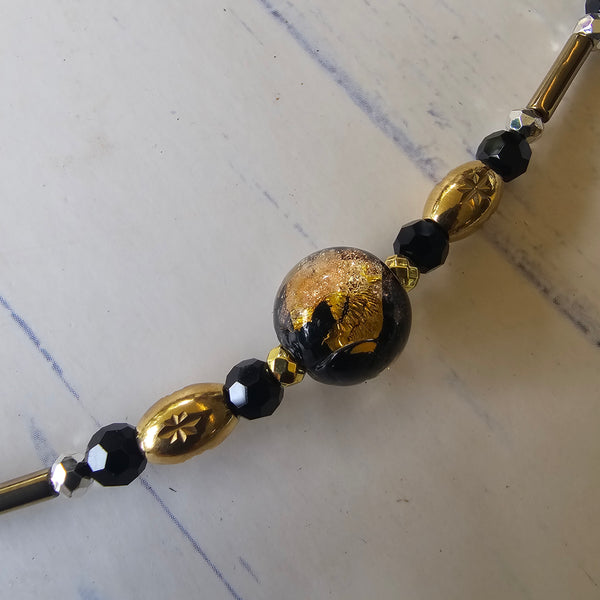 Black, Silver, Gold Glass Beaded Necklace