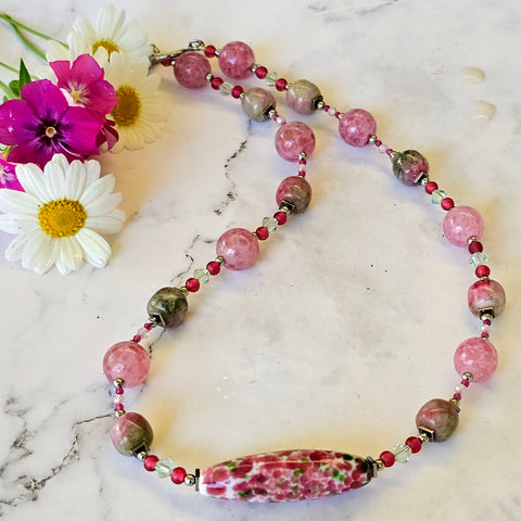 Green and Pink Gemstone and Glass Necklace