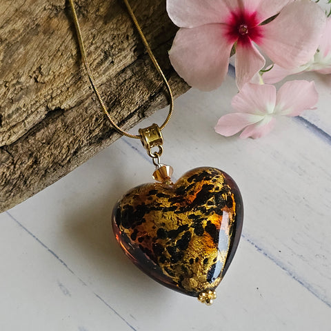 Murano Glass Amber Gold Foil Heart Pendant