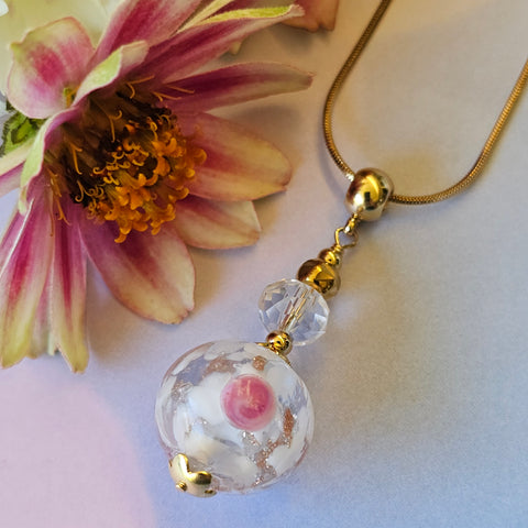 Murano Glass White with Pink Rose Pendant