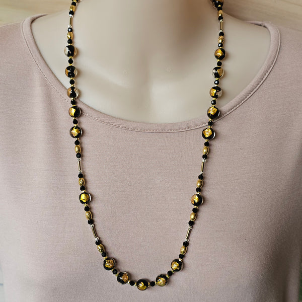 Black, Silver, Gold Glass Beaded Necklace