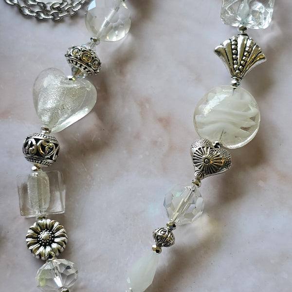Long white beaded necklace