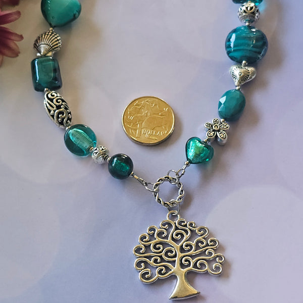 Long Teal Green Beaded Necklace