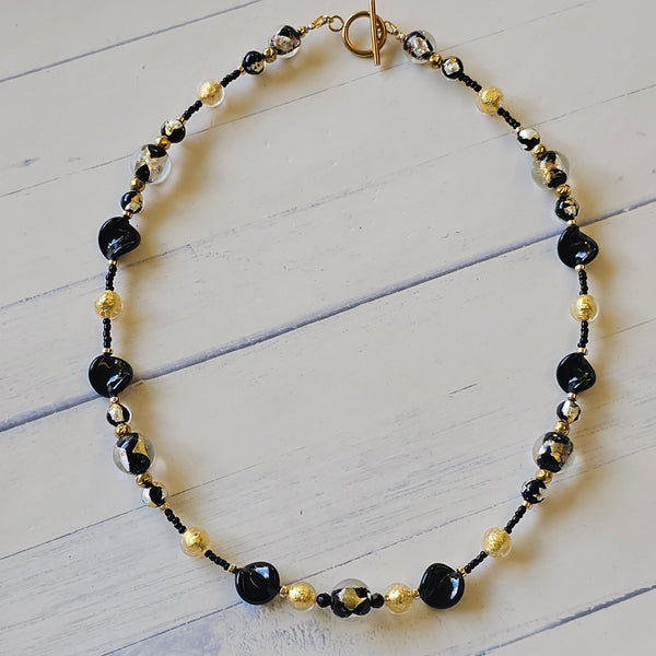 Black, Silver and Gold Murano Glass Necklace