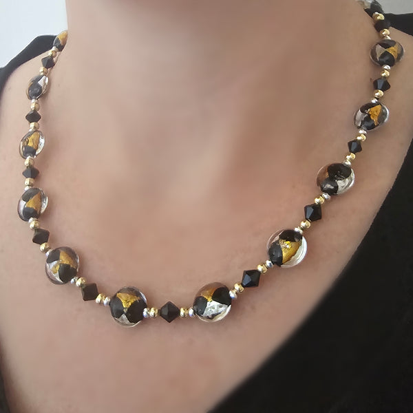 Black Silver and Gold Glass Necklace