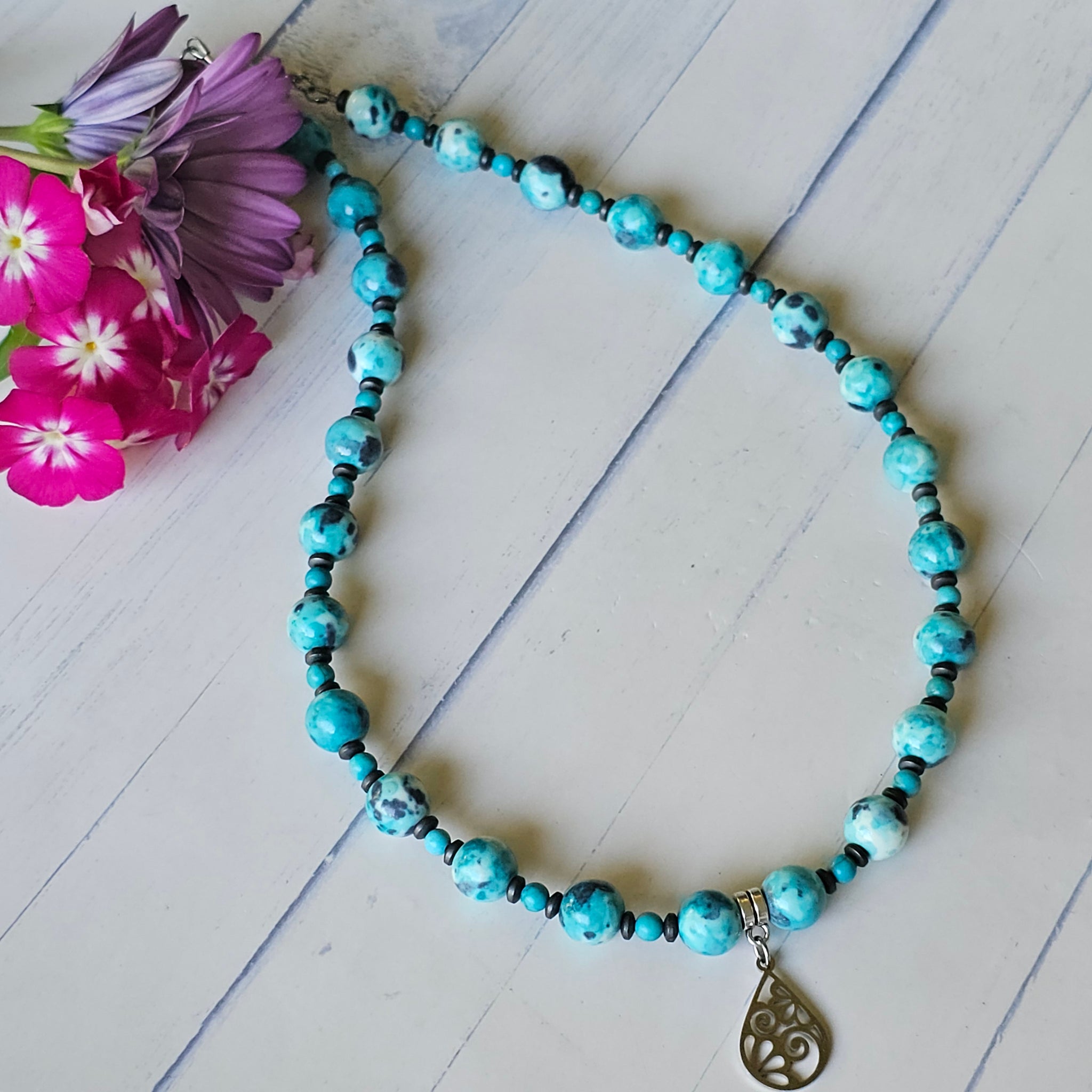 Blue and Grey Ocean White Jade Necklace