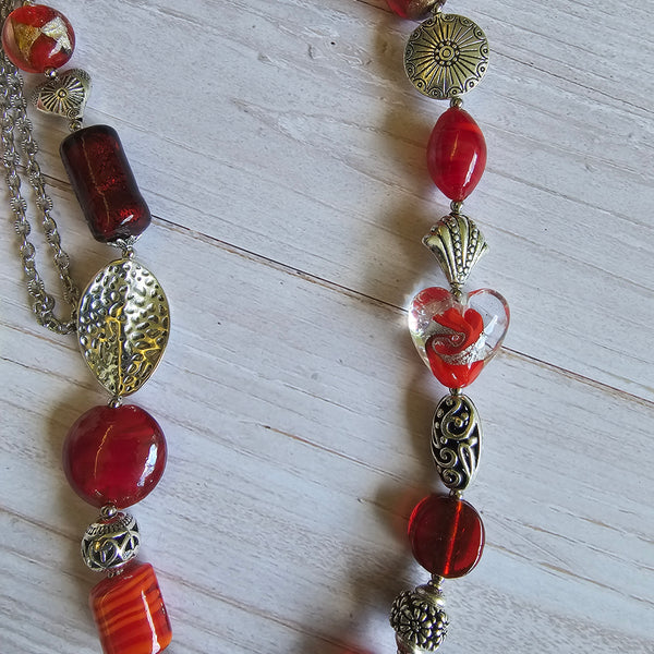 Long red beaded necklace