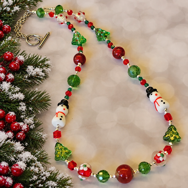 Christmas Necklace with Snowmen - Silver