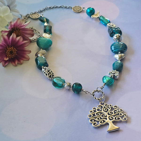 Long Teal Green Beaded Necklace