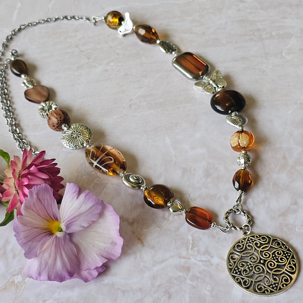 Amber Colour Glass Long Necklace