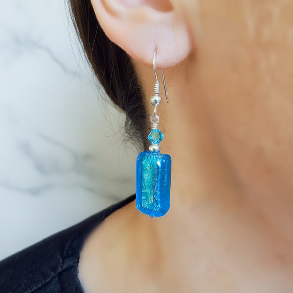 Aqua Blue Silver Foil Rectangle Earrings