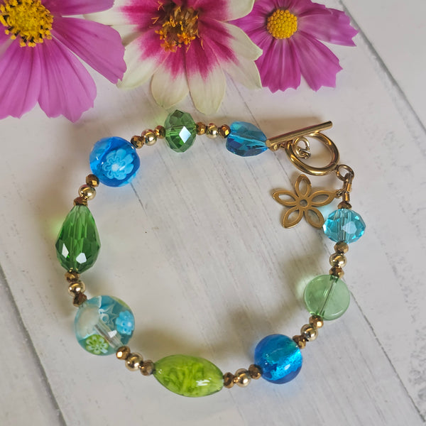 Aqua and Lime Glass Beaded Bracelet