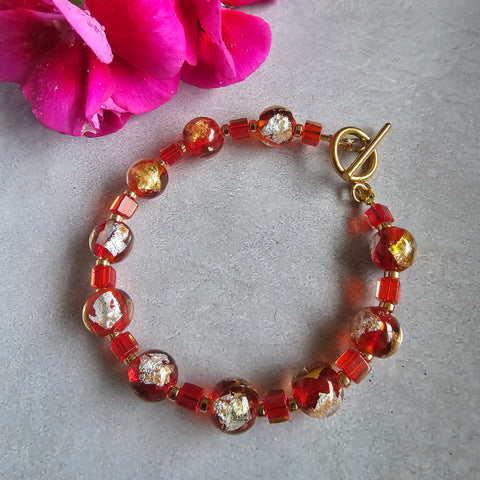 Red Bracelet with Gold - 21.5cm