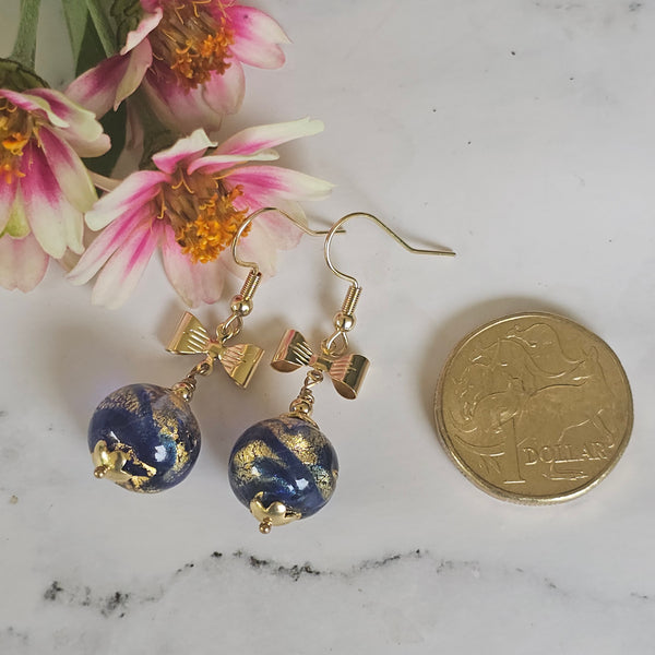 Blue and Gold Bow Murano Glass Earrings