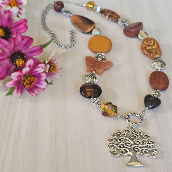 Long Wood and Glass Necklace