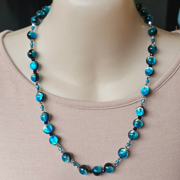 Ocean Blue Silver Foil Glass Necklace
