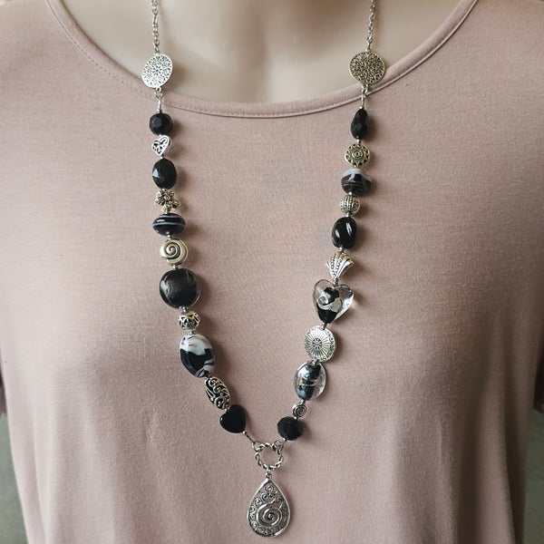 Long Black Necklace with Teardrop