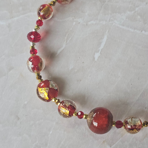 Long Red, Gold and Silver Glass Necklace
