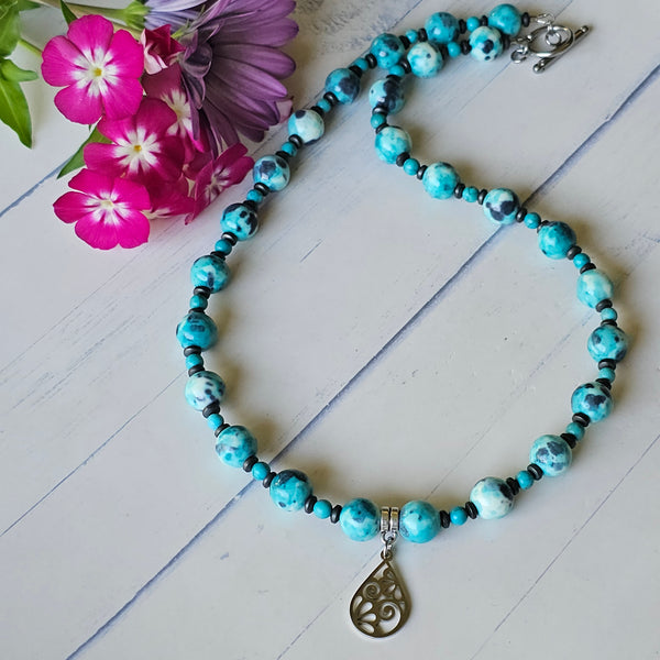 Blue and Grey Ocean White Jade Necklace