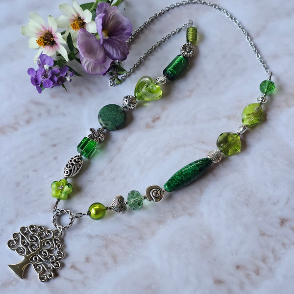 Long green beaded necklace