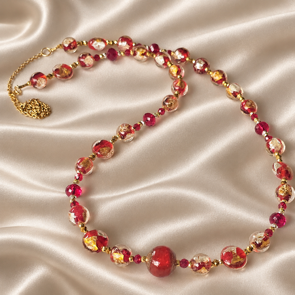 Long Red, Gold and Silver Glass Necklace